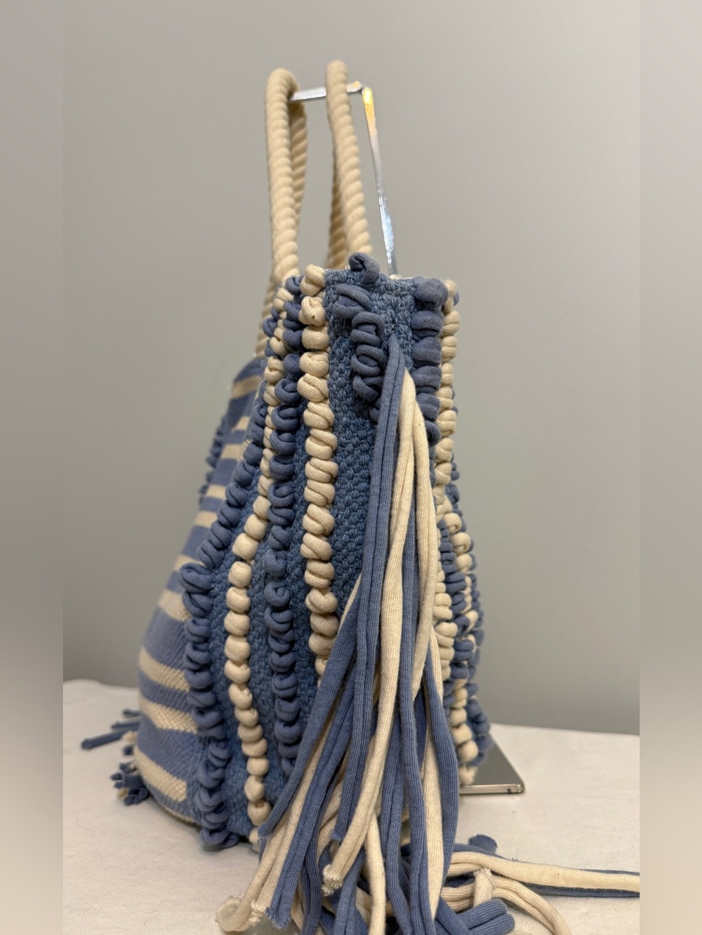Striped Blue & Cream Fringe Tote Bag Rope Handles - Picture 4 of 16
